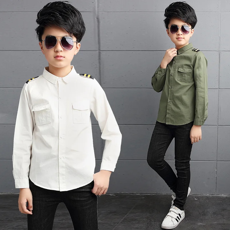 New Spring Fall Boy Shirts for Children Cotton Army Green Big Kids White Shirt Long Sleeve Teenage Uniform Kids Clothes 8 To 12T