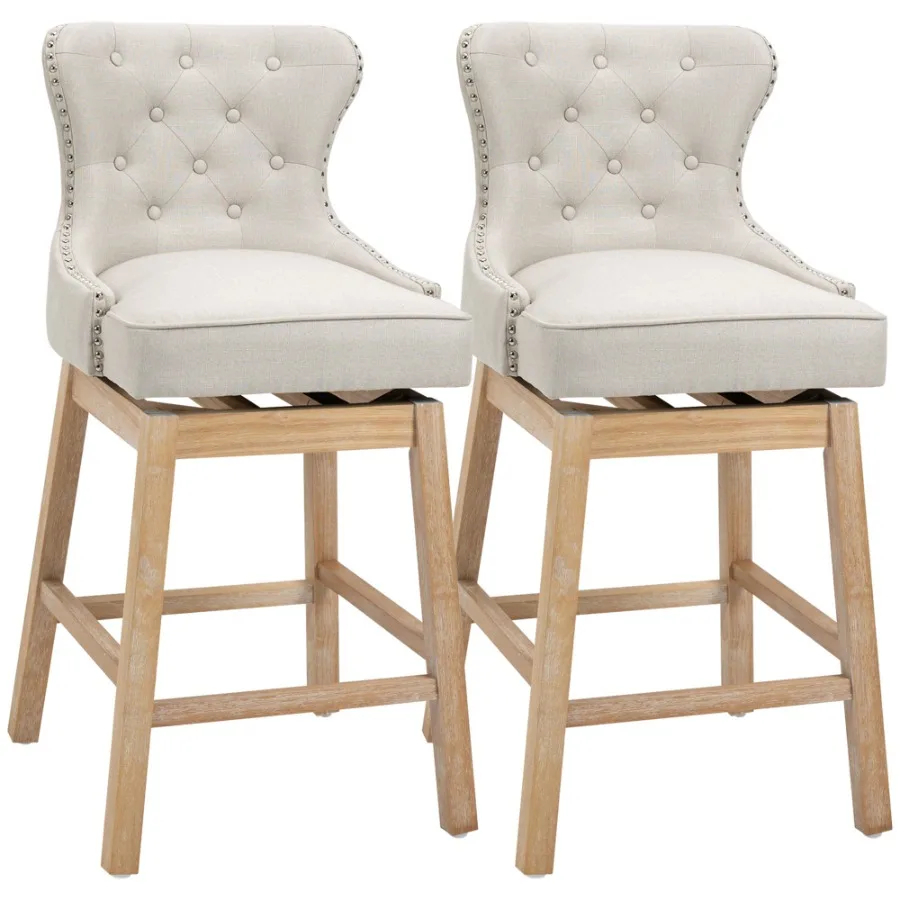 

Upholstered Fabric Bar Height Bar Stools 180 Swivel NailTrim Pub Chairs 30 Seat Height with Rubber Wood Legs Set of 2 Cream