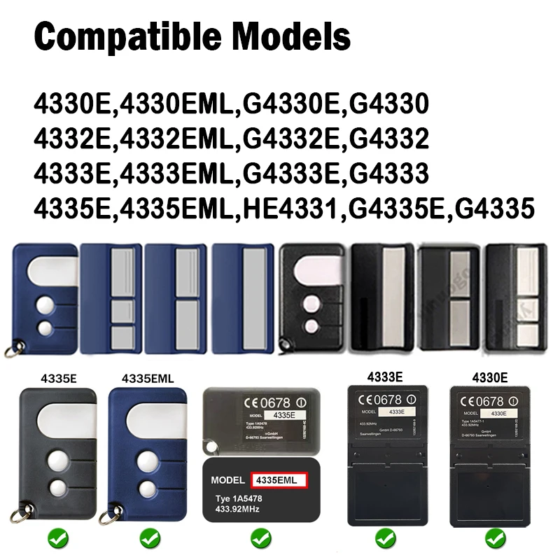 For 4333E 4330E 4332E 4335E 4332EML 4330EML 4333EML 4335EML 433.92MHz Remote Control Garage Door Opener