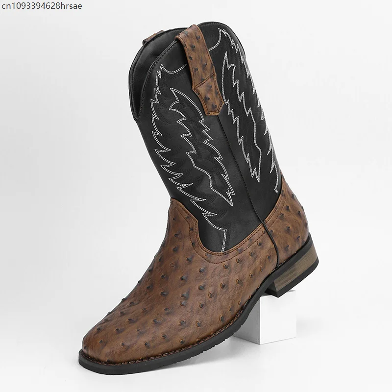 Slip-On Western Cowboy Square Toe Męskie buty Casualowe buty motocyklowe na niskim obcasie z haftem Botas do połowy łydki z blokami kolorów