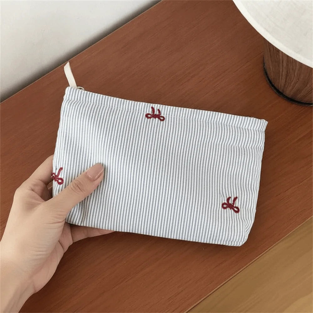 Classic Stripes Makeup Pouch Embroidered Pattern Soft Canvas Cosmetic Organizer Compact Size Pastel Colors Toiletry Bag