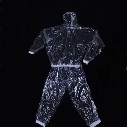 Clear Transparent Long Sleeve Plastic Hooded Waterproof Rainproof Hoodie With Trouser Suit Live Show Dance Costumes Hip Hop