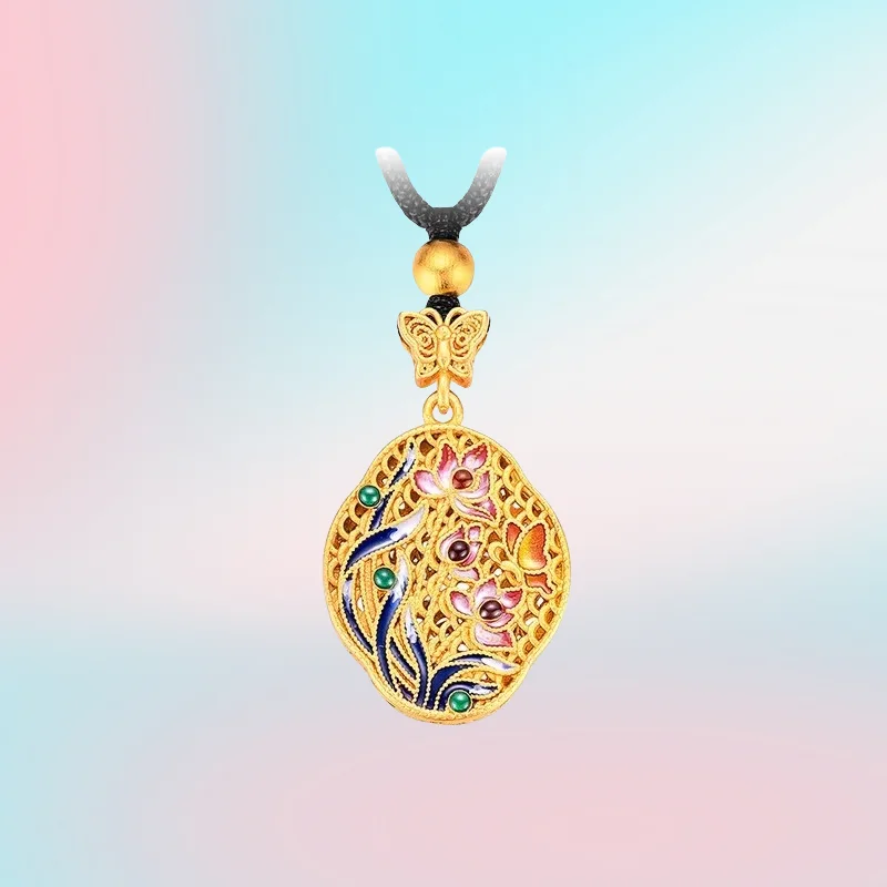 

NEW 9999 Real Gold 24K Ethnic Style Silk Orchid Butterfly Pendant, Women's Antique Enamel Cymbidium Orchid Heart Pendant