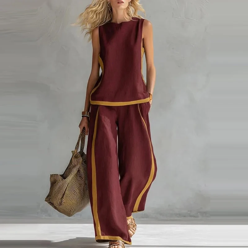 

Striped Print Loose Two Piece Set Women's O-neck Sleeveless Top and Pants Casual Outfit Fashion High Street Pocket Holiday Suit