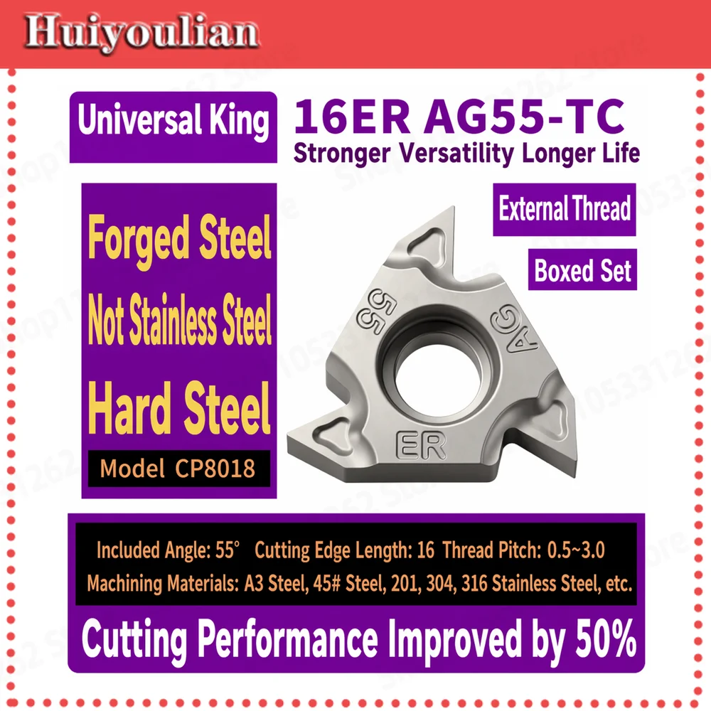 10PCS 16ERAG55-TC CNC External Thread Insert CP8018 Nano-Coated Carbide 50 Percent Longer Life for A3 45# Steel Stainless