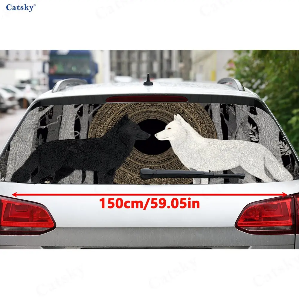 Black White Twin Wolf Pattern PVC Perforated Car Vinyl Wraps, Durable Car Rear Windshield Sticker, Waterproof Car Rear Window De