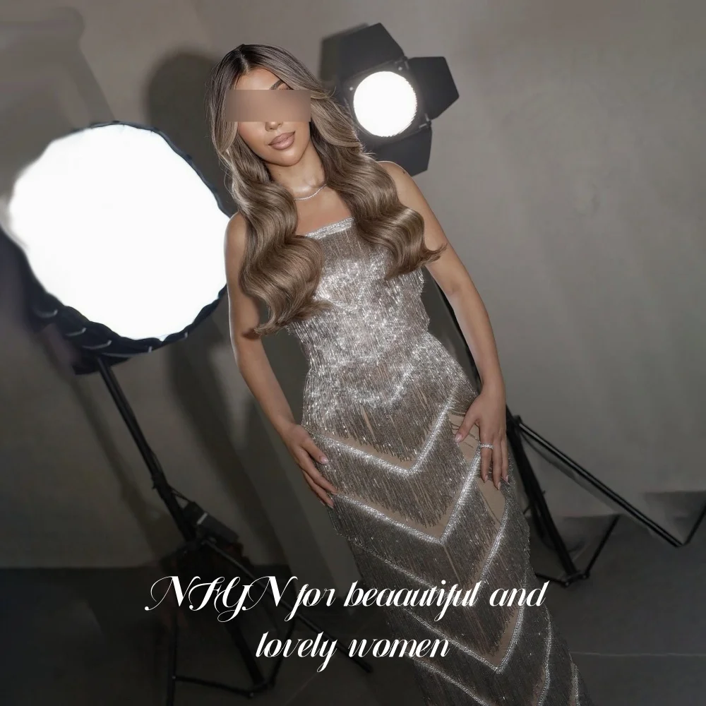 NFYN Stunning Silver Strapless Long Evening Gown Beaded Sequin Fringe Chevron Sheer Mesh Fitted Prom Evening Party Customized