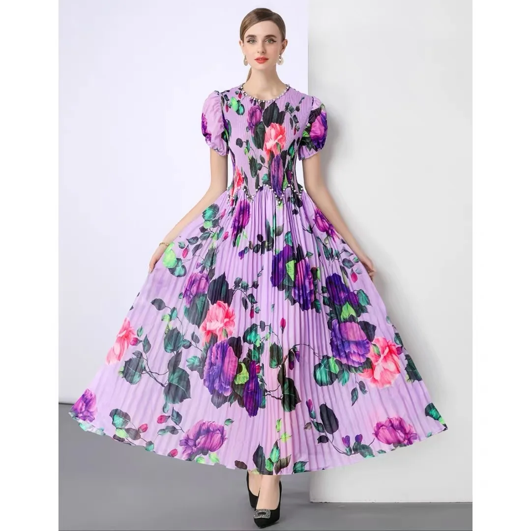 

Summer Floral Print Pleated Long Dress Women Brand Designer Vacation Bohemian Short Sleeve Flower Maxi Dresses Evening Vestidos
