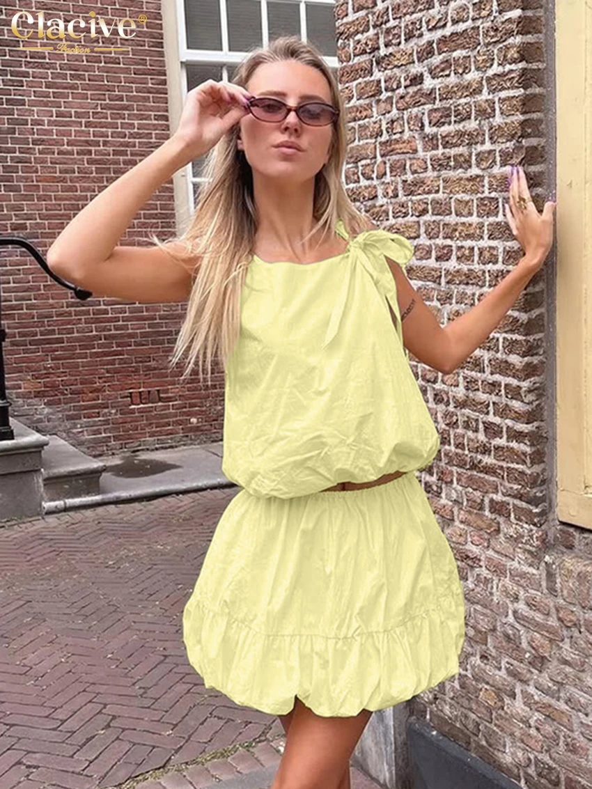 

Clacive Summer Loose Yellow Cotton Skirt Set 2 Piece Woman Fashion Sleeveless Tank Top With High Waist Mini Skirt Set Female