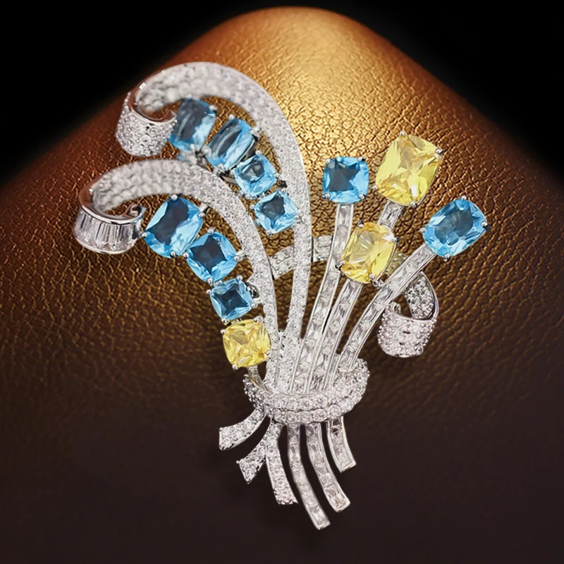 OKILY Delicate Imitation Color Treasure Micro-inlaid Zircon Bouquet Brooches Luxury Wheat Flower Broche for Women's Accessories