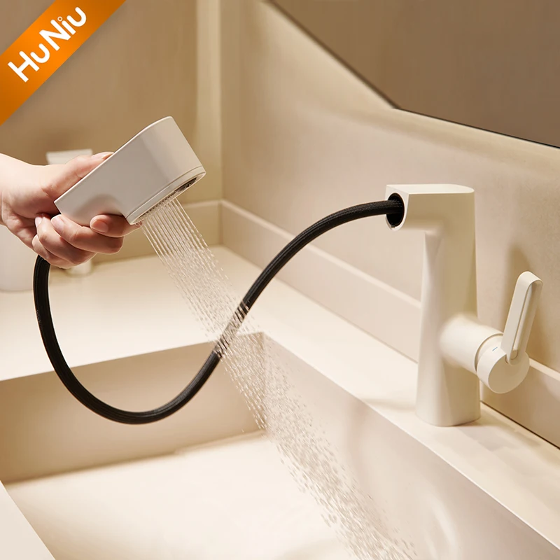 HuNiu Multifunctional Bathroom Faucets Pull Out Basin Mixer Sink Faucet Gourmet Whter Tap 360° Tapware Crane Brass White Faucet