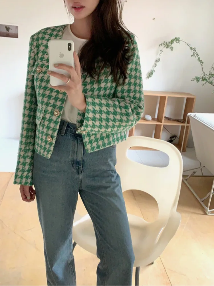 

Ele V-Ne Slimming Pearl Button Design Loose Versatile Long Sve Plaid ort Jaet Women's Faion Outerwear