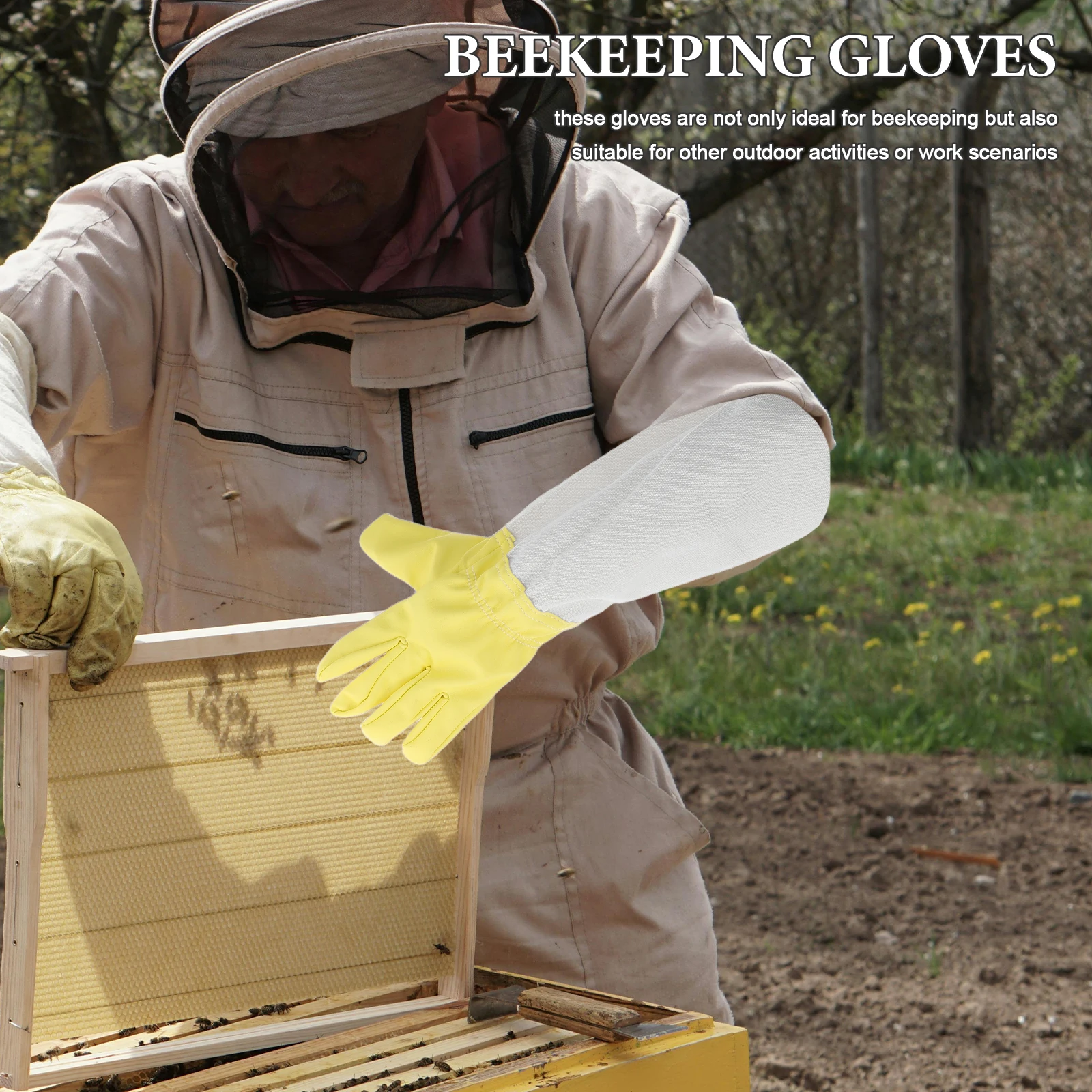 

1 Pair Heavy Duty Beekeeping Gloves Long Sleeve Pu Canvas Extended Sleeve Protective Gear Ventilated Elastic Cuff For Men