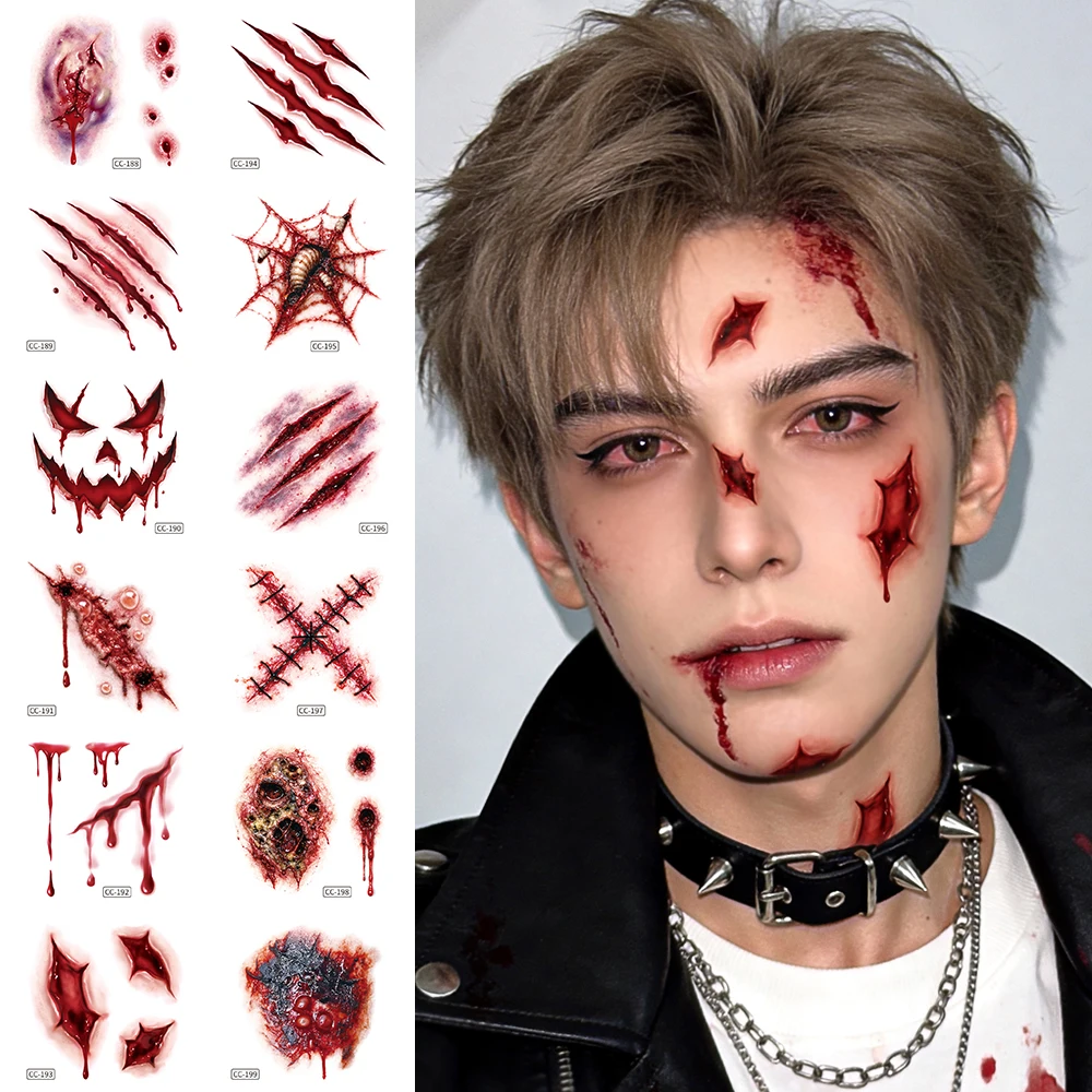 12 Sheets Halloween Temporary Tattoos, Realistic Bloody  Wounds Sutures Scars Terrifying Horror Fake Tattoos for Halloween Party