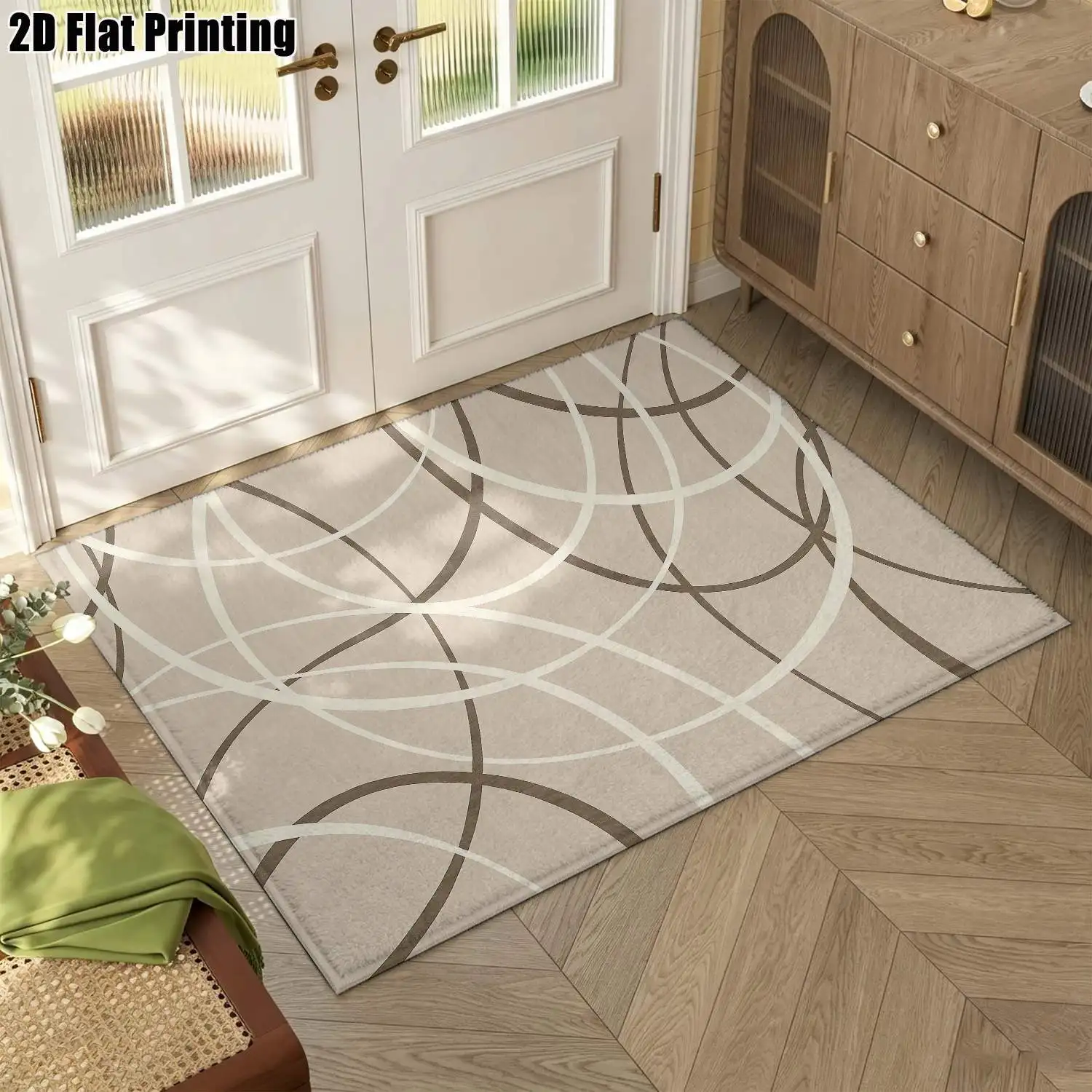 1Pc 2D Printed Nordic Minimalist Geometric Carpet, Beige Lines, Multi-Size Machine Washable, for Entrance, Living Room, Bedroom, Dining Room, Foyer, Home Decor Instagram Style Floor Mat