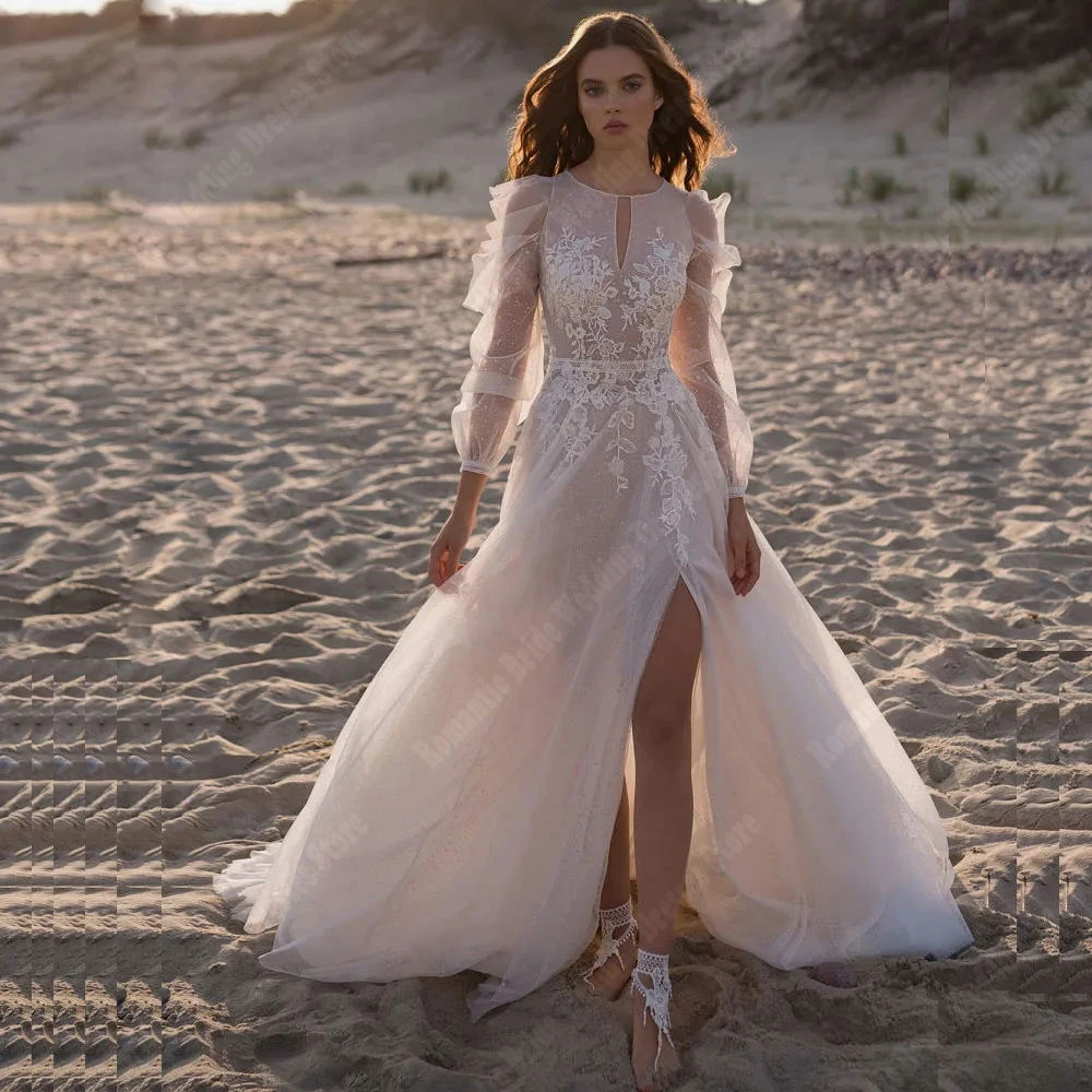 Vestidos de novia elegantes de tul para mujer, vestidos de novia de manga larga con cuello redondo profundo, longitud de fregado, túnicas de línea A con abertura lateral, el más nuevo