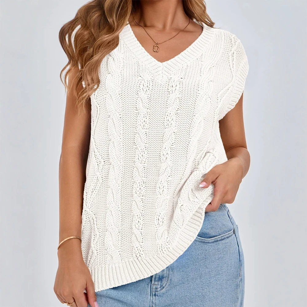 

Mia Muse Summer Sweater Vest 2025 Women's Comfy Plain Open Stitch Short Cap Sleeve V-Neck Loose Fit Sweater Vest