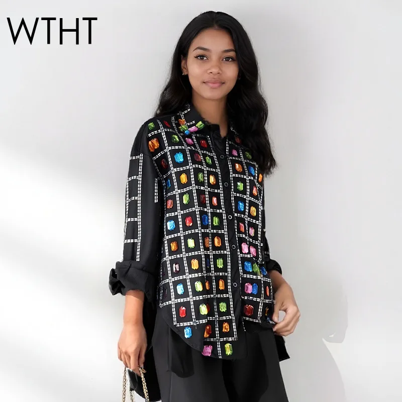 

WTHT New Trendy Women's Spliced Sequins Diamonds Loose Shirt 2025 Summer Fashion Lapel Long Sleeves Blouse Female 1LS2263