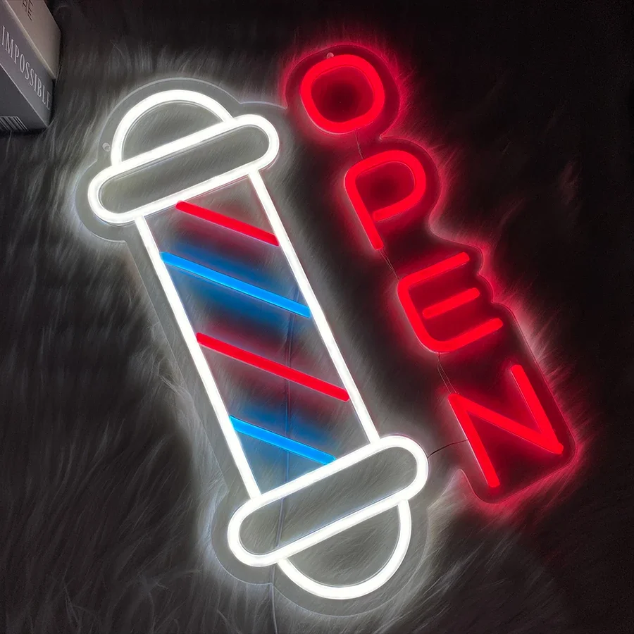 Barbershop Open Neon Sign Hair Salon Supplies Neon Lights Wall Decor for Barbershop, Barber Pole Logo Barber Shop Barber Supply