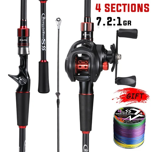Combo de carrete de caña de pescar Sougayilang, caña de fundición de fibra de carbono de 1,8/2,1 m y relación de engranaje 7,2: 1, Baitcasting Ree Max Drag 10kg para lubina