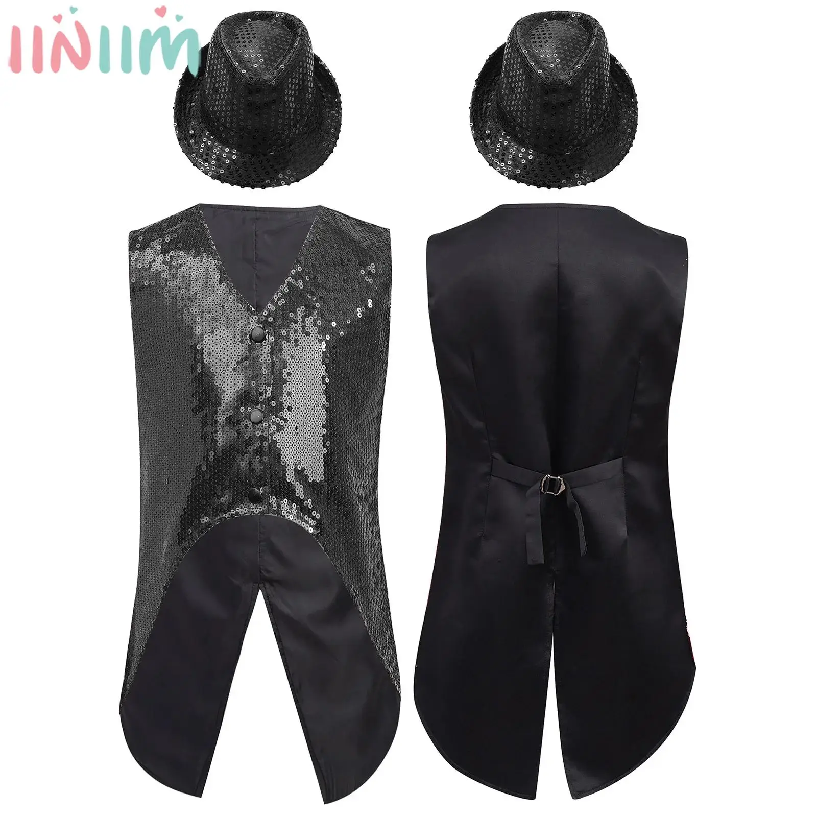 

Kids Boys Jazz Dance Clothes Sleeveless Shiny Sequin Vest with Hat Halloween Theme Party Carnival School Show Performance Outfit