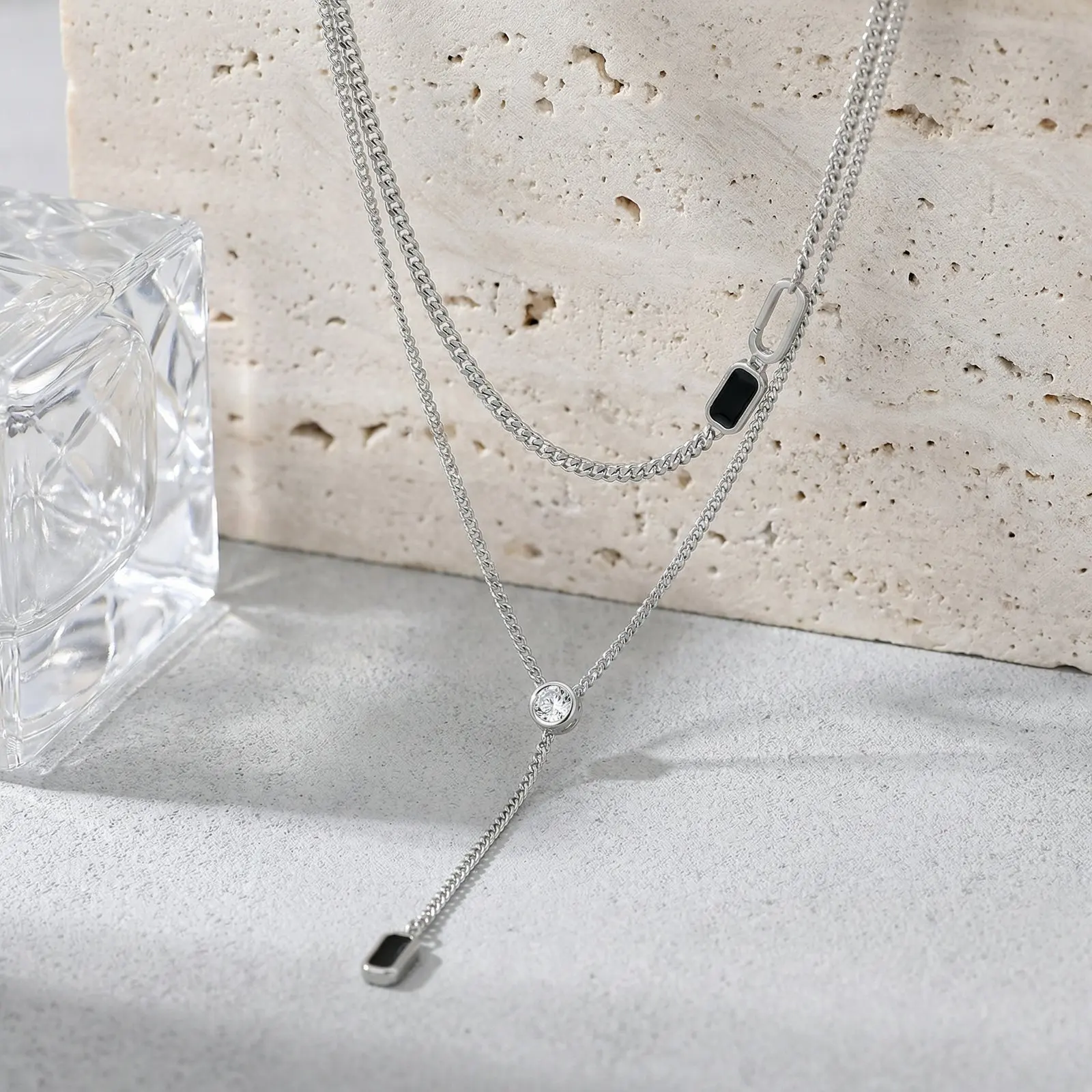 

Fashion Geometric Square Crystal Y-shaped Necklace Simple Sweet Cool Girl Jewelry