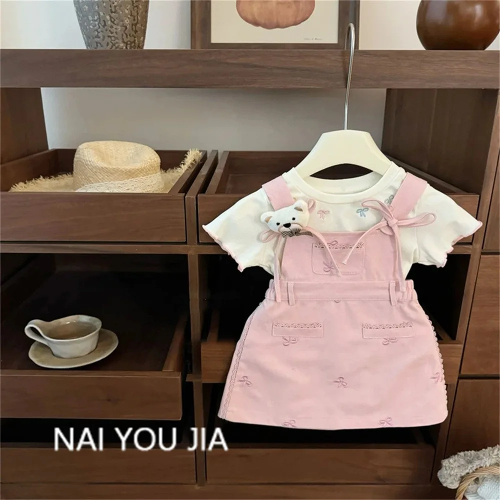 

Cream Summer New Cherry Blossom Powder Baby Girl Sweet Cool White Pink Bow Strap Skirt T-shirt Set