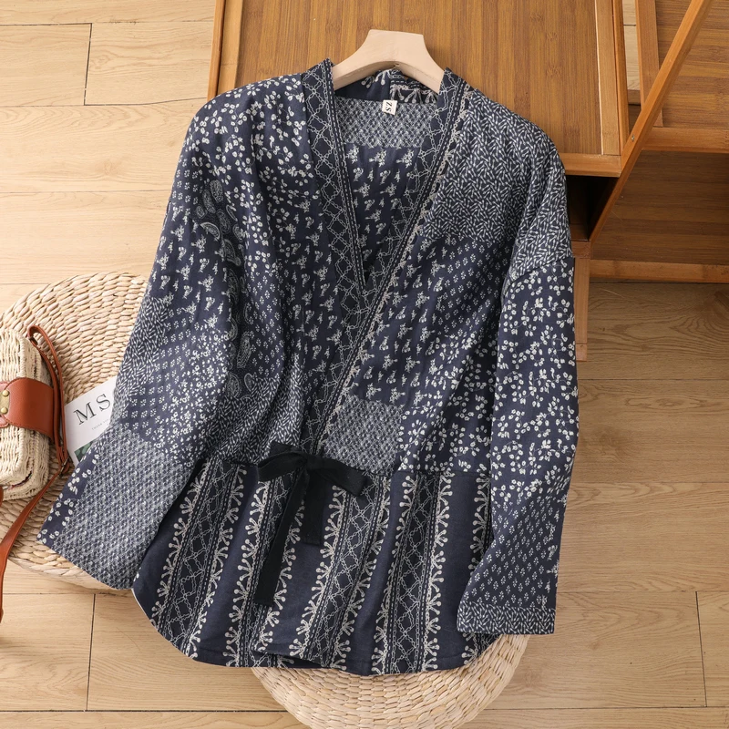 Autumn Winter Thickened Double Layer Cotton Linen Belted Coat Ethnic Style Women's Long Sleeve Mid-Length Windbreaker