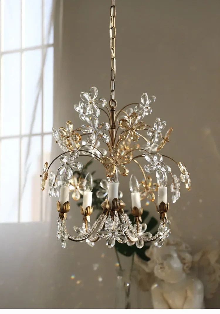 GHJUYIOL French Romantic Countryside Crystal Flower Pendant Lamp American Retro Bedroom Girl Room Light Luxury Homestay Lighting