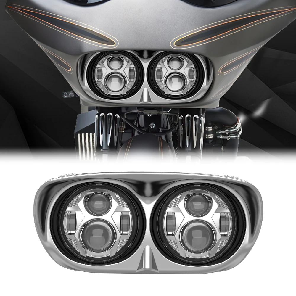 

Motorcycle Dual LED Headlight 102W Projector Headlamp High Low Beam Lamp for Harley Road Glide 1998-2013 Chrome/Black