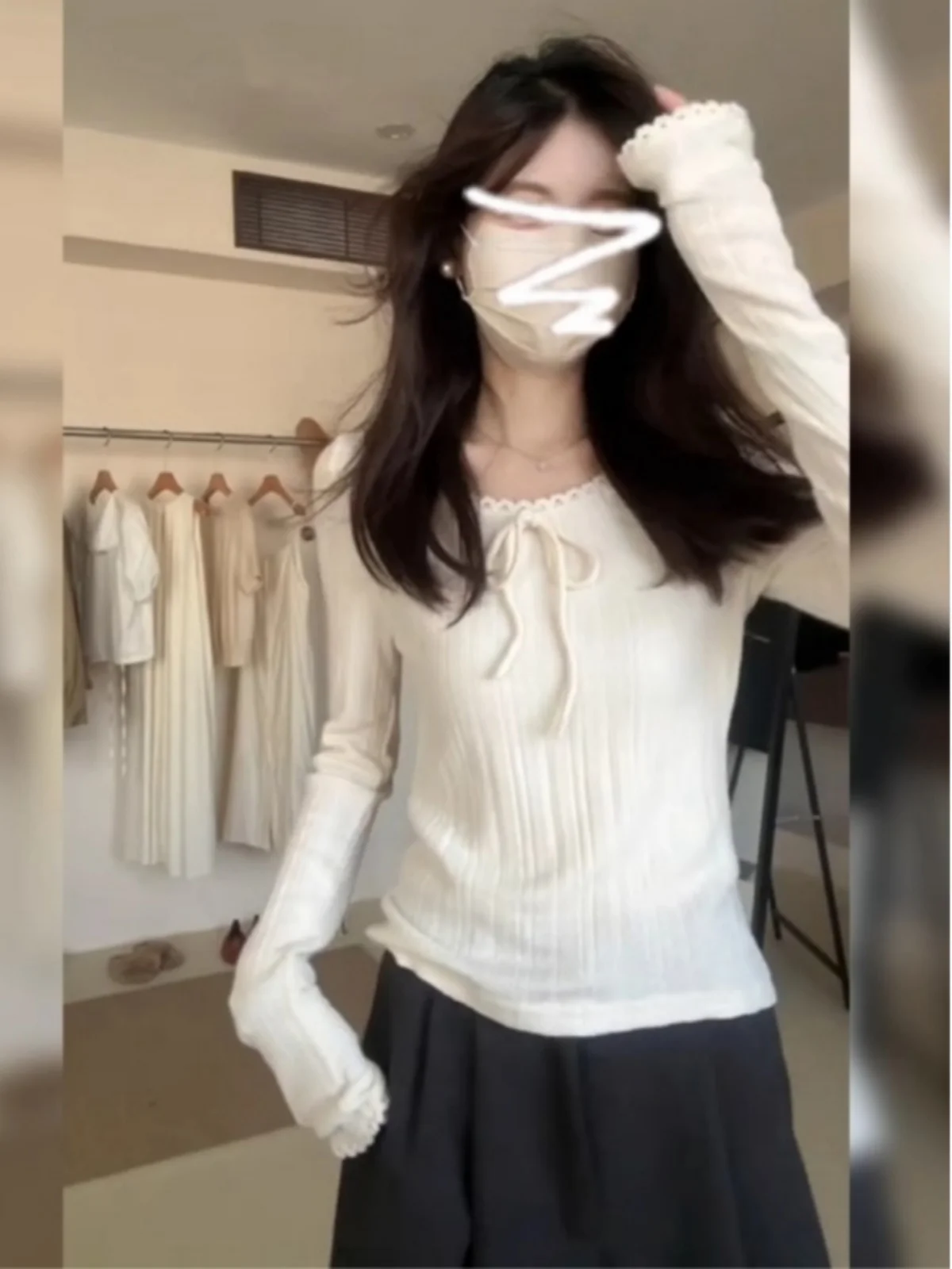 

White Knitted Knot Women's Slim Fit Base Shirt Korean Style Chic Top Spring Autumn New Arrival Inner Wear Base Layer