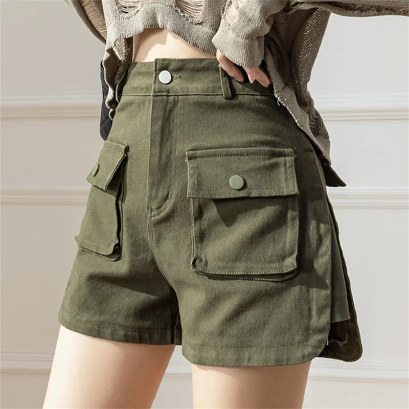 Summer Safari Style Green Jeans Shorts Women Pockets High Waist Wide Leg Denim Shorts Office Ladies Split A Line Casual Shorts