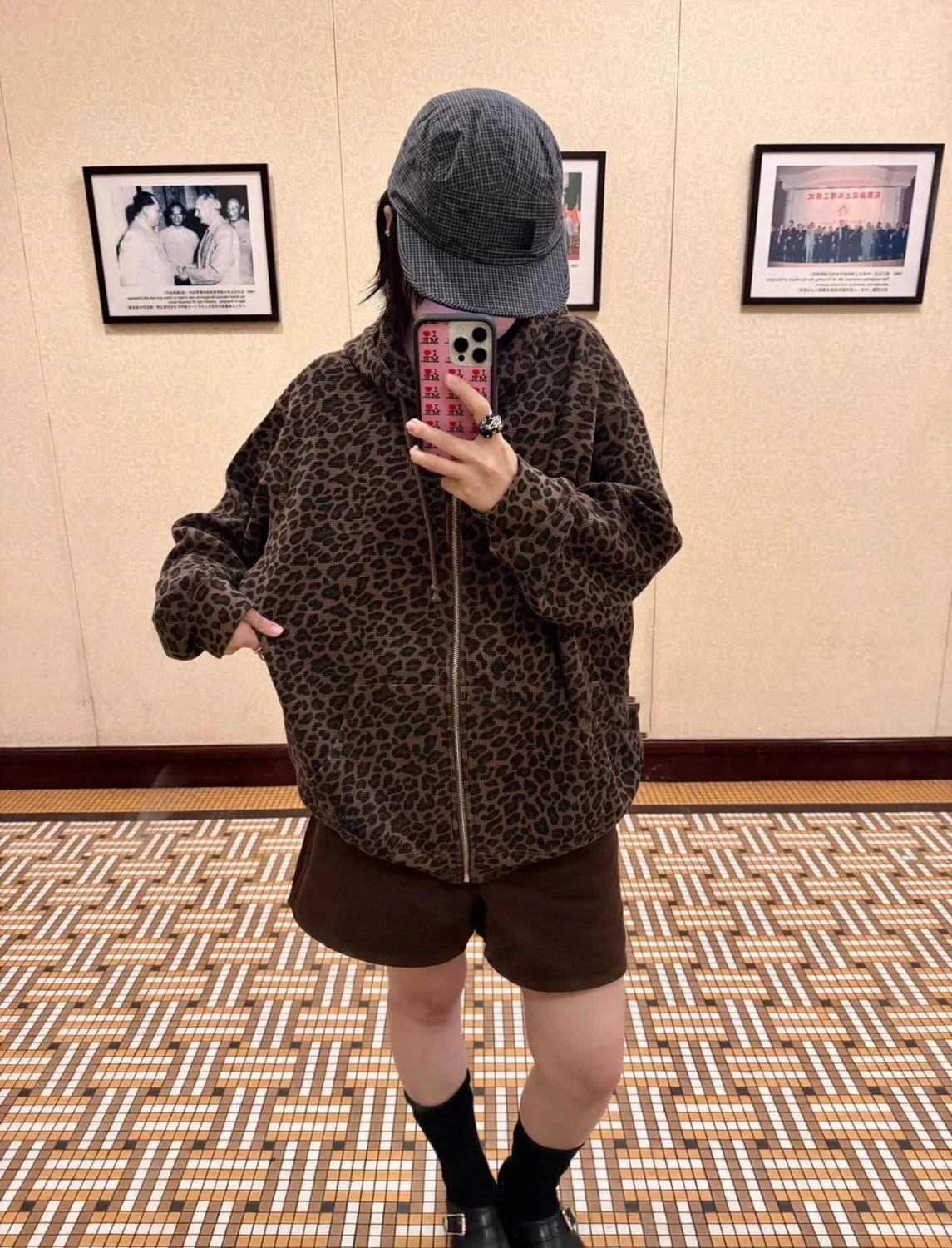 Unisex Organic Cotton Long Sleeve Hooded Zip up Thermal Checkered Leopard Print Jacket for Youth Casual Wear Spring Autumn