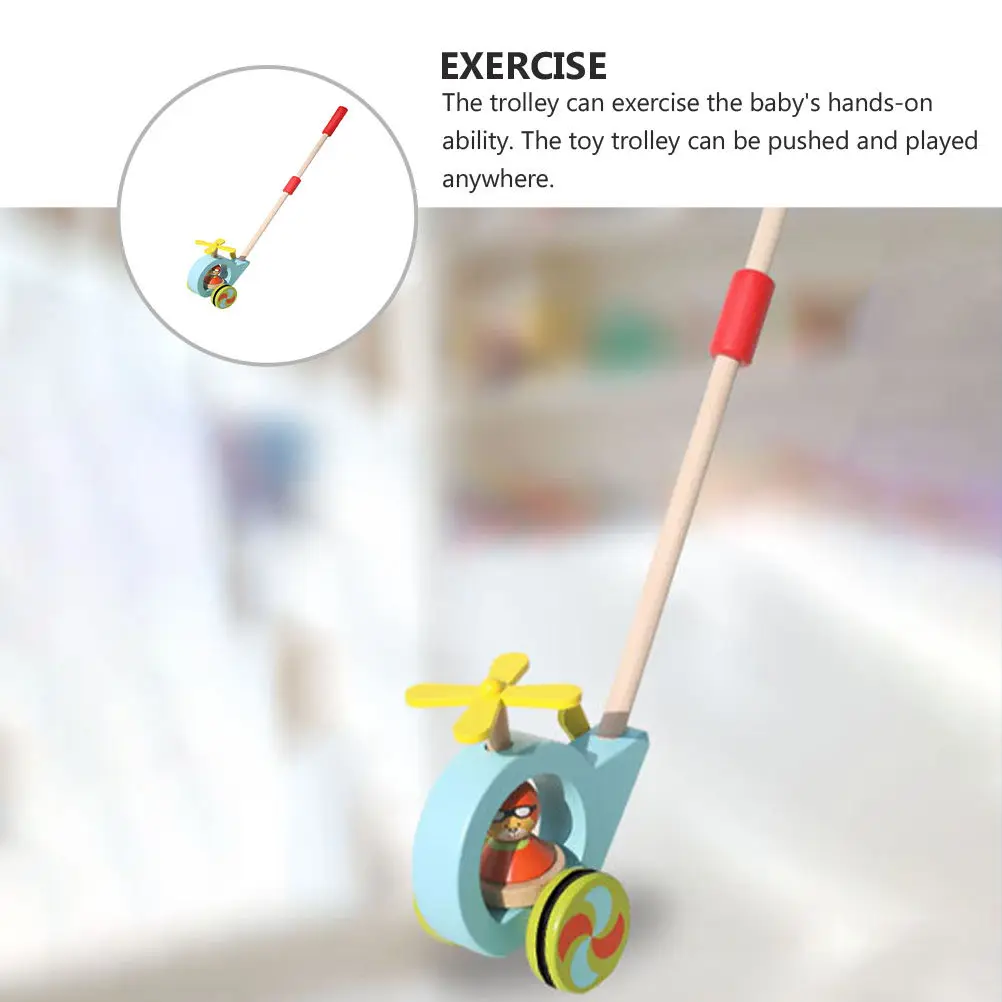 1Pcs Children Wooden Toddler Cart Educational Plaything Helicopter Shape Push Walker Walk Learning Cart Wooden Trolley