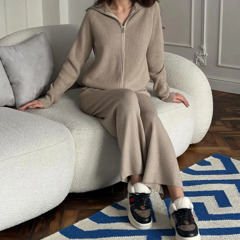 

Angora Red Women's Knitted Sweater Set Casual Wide Leg Pants Zipper Top Coat Cross-Border Popular Style for Europe And America