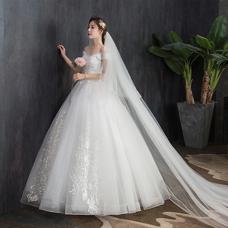 Vestido De novia De talla grande con cuello Barco, vestidos De novia clásicos con hombros descubiertos, Apliques De encaje elegantes, bata larga De Mariee