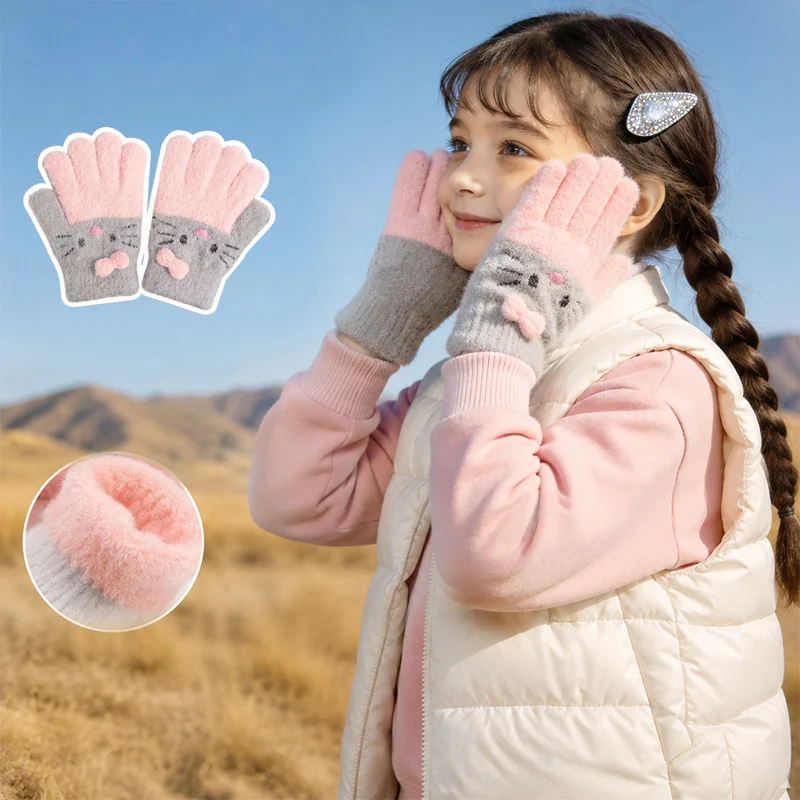 Cartoon Cute Kitten Bow Knitted Gloves Kidsren's Warm Gloves Students Autumn and Winter Cold-Proof Gloves