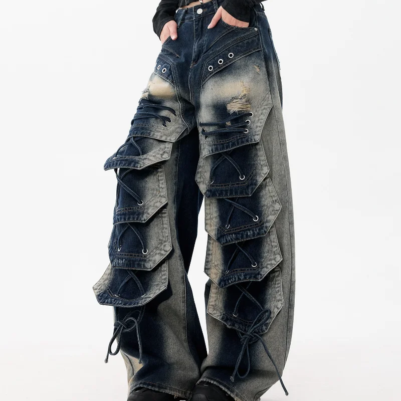 MWJLPWQ Drawstring Hole Wide-Leg Workwear Jeans For Unisex 2026 New Autumn Patchwork Design Punk Oversized Trousers 21473