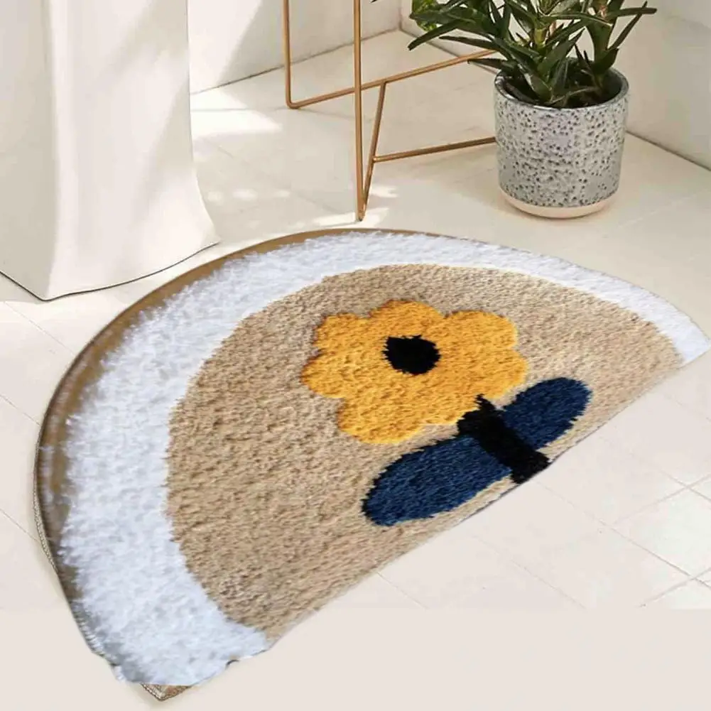 Imitation Cashmere Bath Mat Boho Flower Cartoon Panda Pattern Semicircle Floor Mat Thick Water Absorbent Non-slip for Bathroom