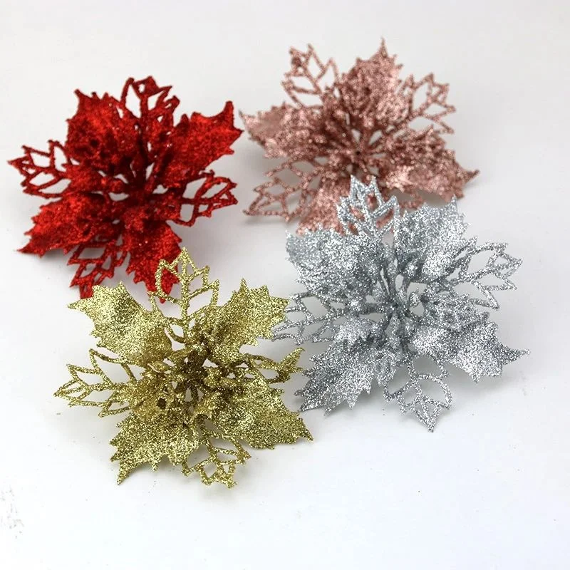 (10pcs/pack) 8cm Artificial Christmas Tree Flower Glitter Decorations Xmas Ornaments New Year Gift DIY