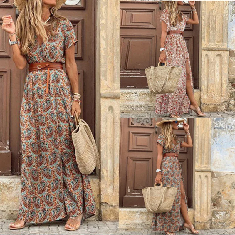 

Bohemian-Style V-Neck Floral Dress with Faux Leather Trim Women's Casual Maxi Dress Spring Summer Floral Print Best Selling