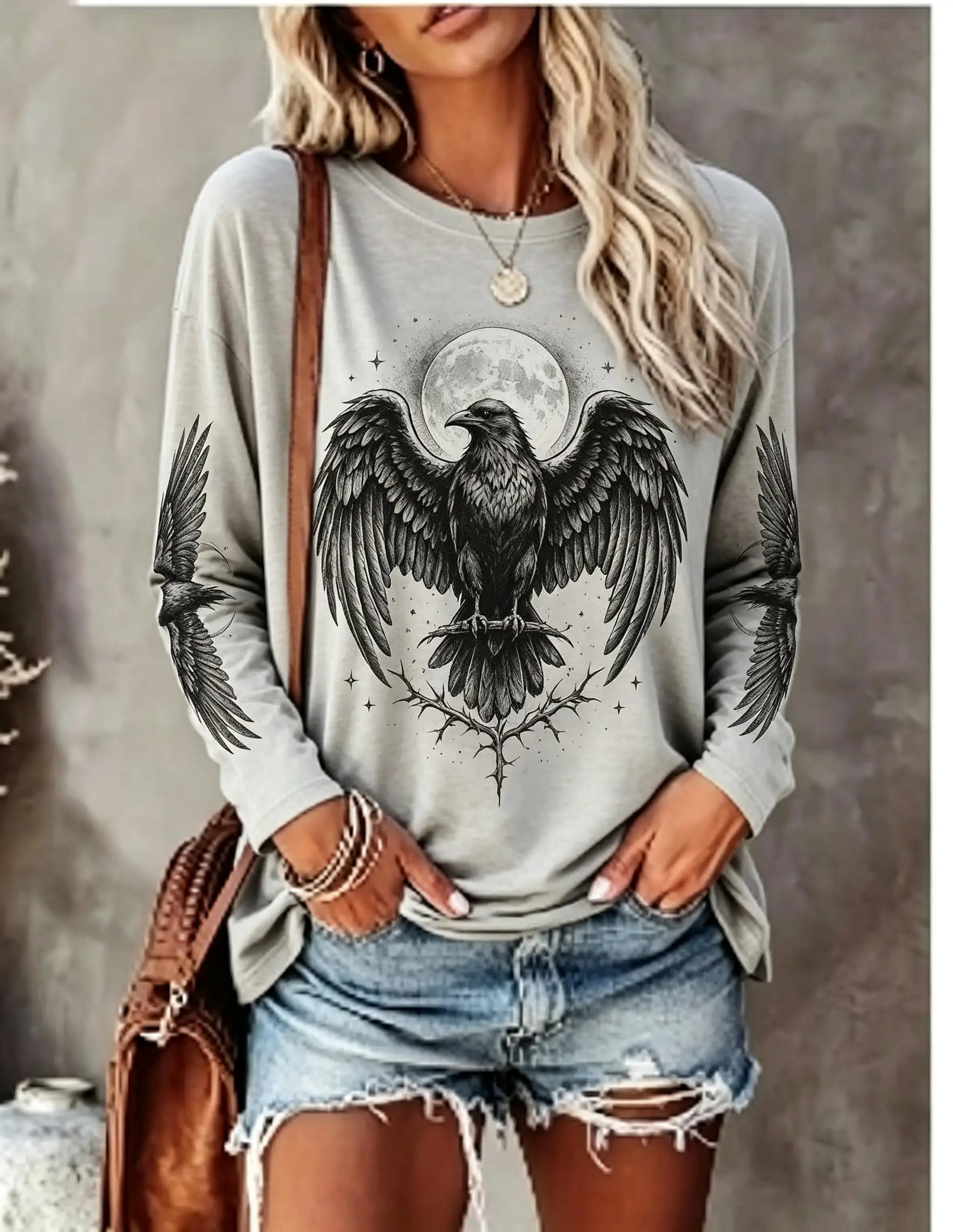 Women Long Sleeve T Shirt Gothic Raven Moon Star Print Crew Neck Dark Mystic Casual Fall Tops