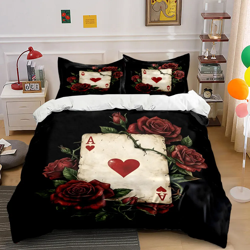 Artistic depiction of Ace of Hearts with roses Print Bedding set 3PC 1duvet cover 2pillowcases adult and children bedding set
