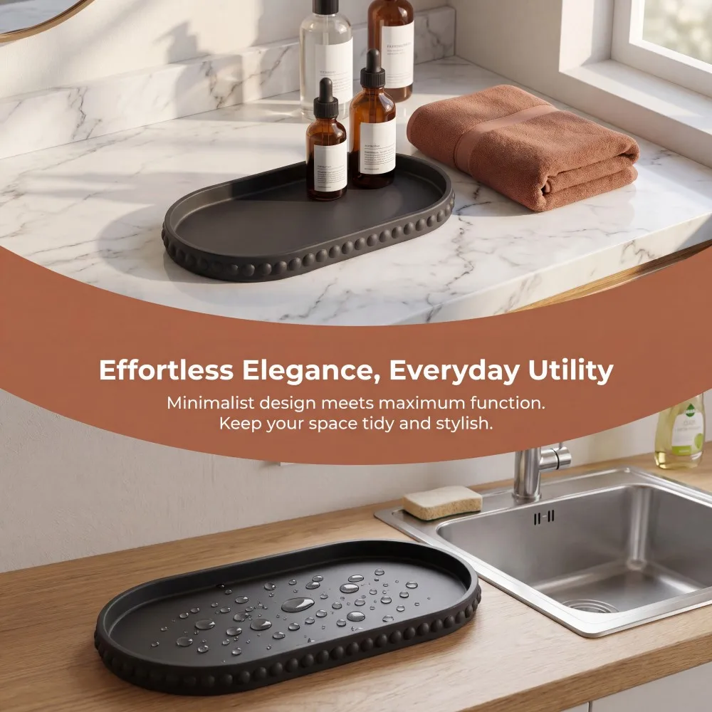 An Oval Silicone Tray, a Vintage Storage and Decorative Tray, Suitable for Bathroom, Entryway, Living Room, Bedroom, and Desktop Decoration and Organization