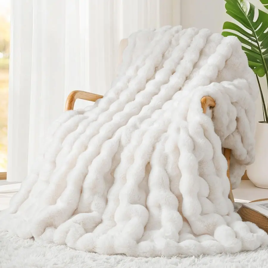 

Luxury 1000GSM Faux Rabbit Fur Throw Blanket, Super Heavy Warm Cozy Blankets for Couch Bed Sofa, Bubble Plush Fuzzy Elegant Soft
