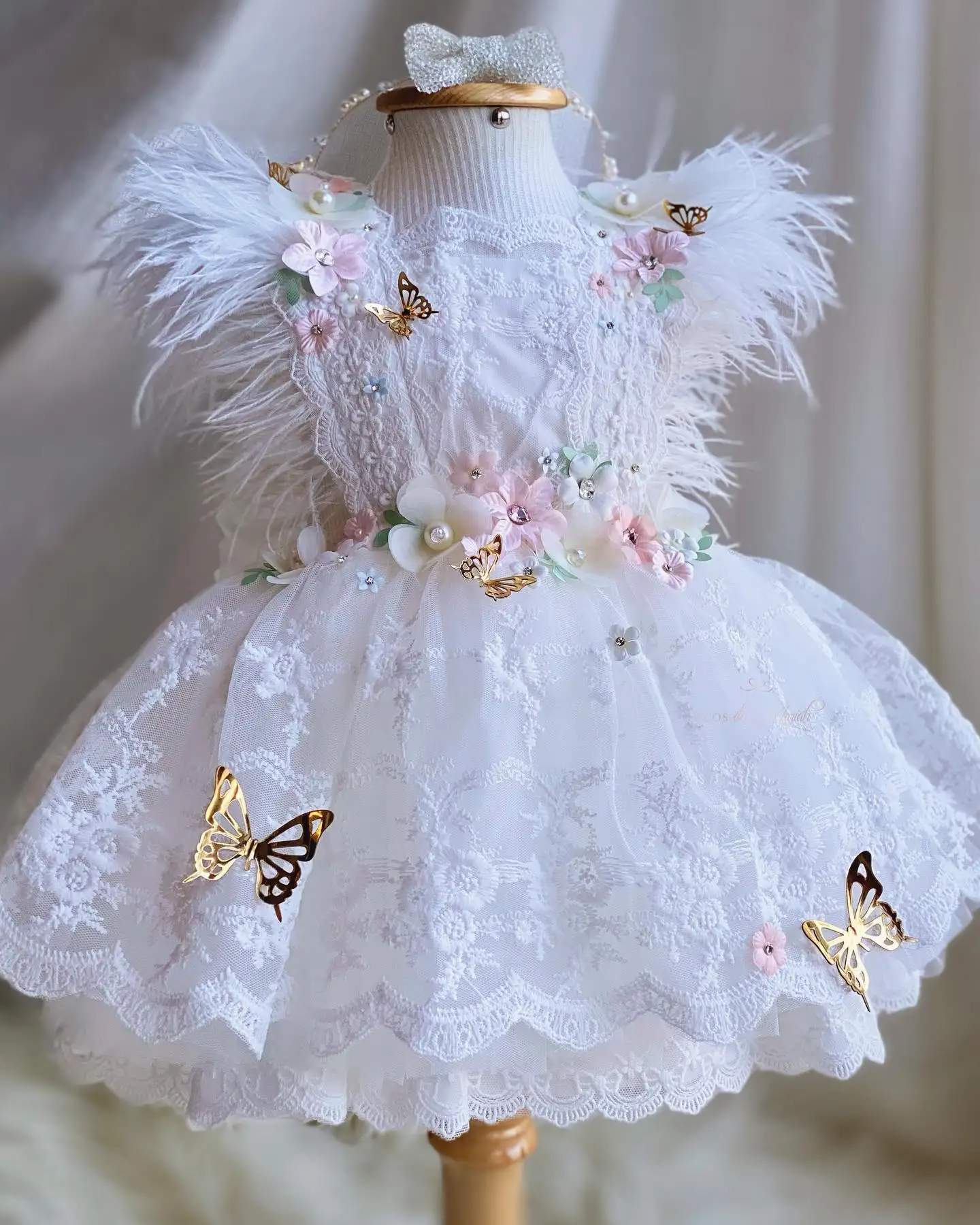 Robe en tulle et dentelle pour filles, avec plumes blanches, motif papillon, fleur, pour mariage, anniversaire, fête, spectacle, pour enfants