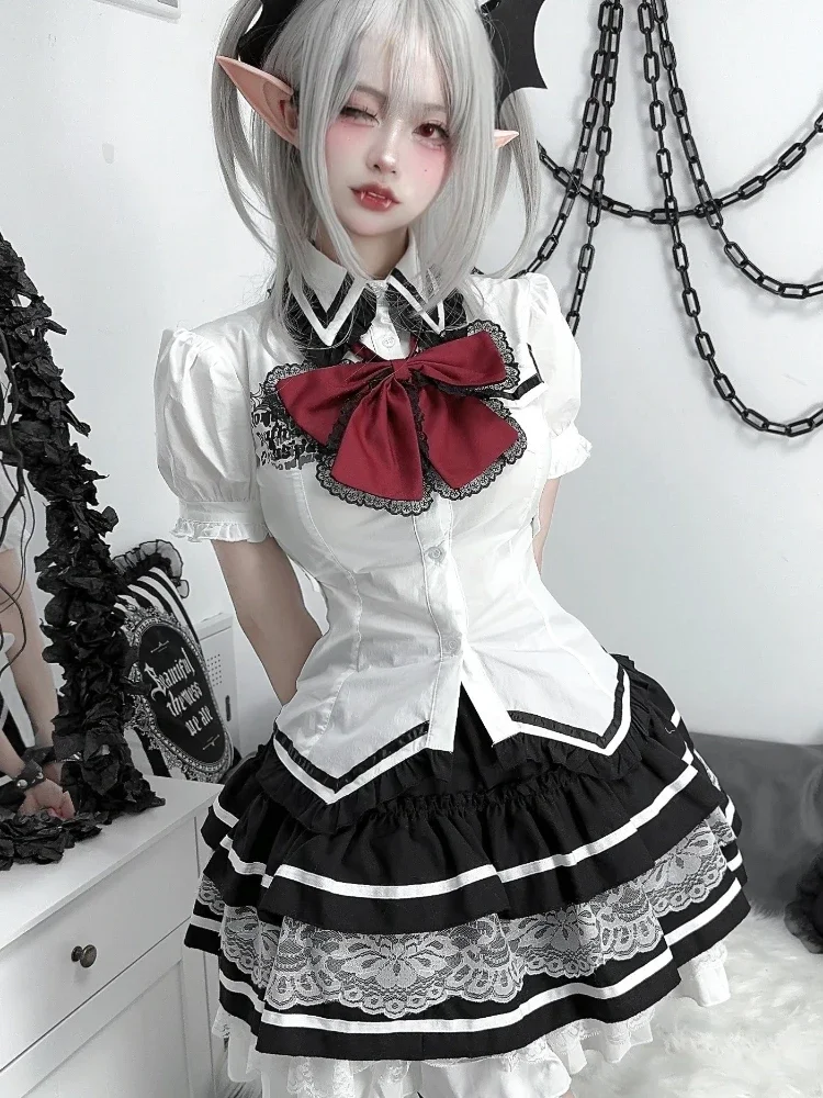 Japanse Kawaii Meisje Zoete Leuke Lolita Bladerdeeg Mouw 2025 Top Vrouwen JK Slanke Shirt Zomer Y2k Esthetische Kant Patchwork Blouse de2s