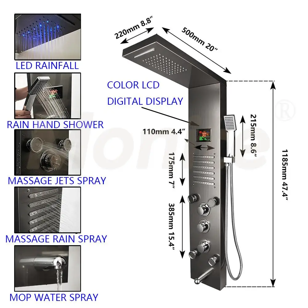 Monite Dark Grey Nickel Brushed  Digital Display Shower Panel Column LED Rain Waterfall Shower Spa Jets Bath Shower Mixer Faucet