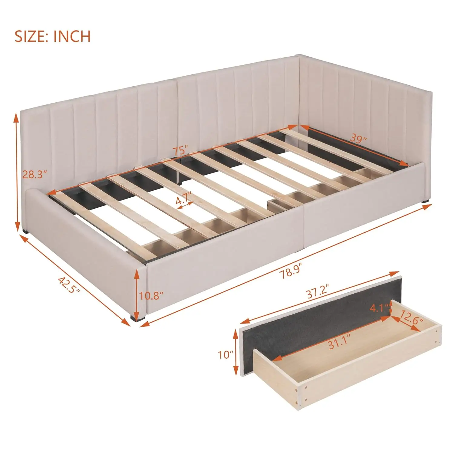 Twin Size Daybed, Upholstered Twin Daybed with 2 Storage Drawers, Linen Fabric Twin Size Sofa Bed Frame, No Box