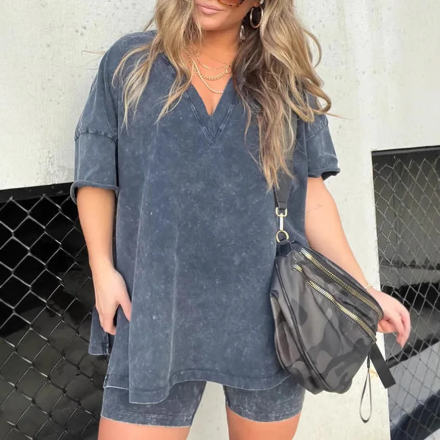 

Women's V-neck Denim Suit Short-sleeved T-shirt Casual Fashion Set Summer Wear Comfortable Breathable Stylish Student Work Un...